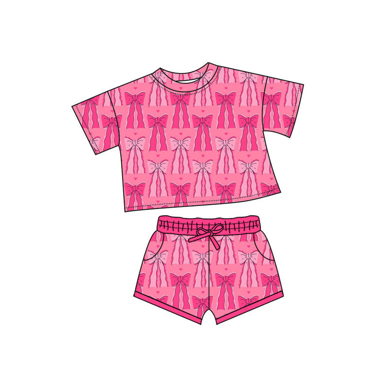 Preorder(moq 5) Baby Girls Hot Pink Hearts Bows Top Pockets Shorts Valentine Clothes Sets