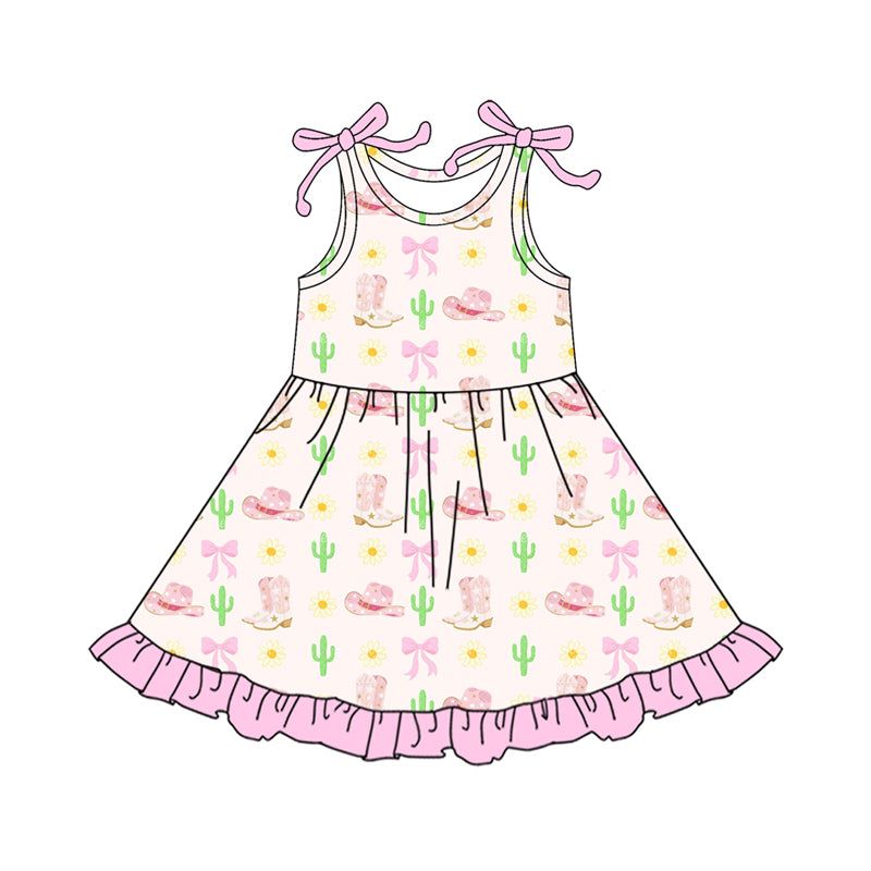 Preorder moq 5 Baby Girls Boot Bows Cactus Western Ruffle Knee Length Dresses