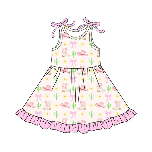 Preorder moq 5 Baby Girls Boot Bows Cactus Western Ruffle Knee Length Dresses