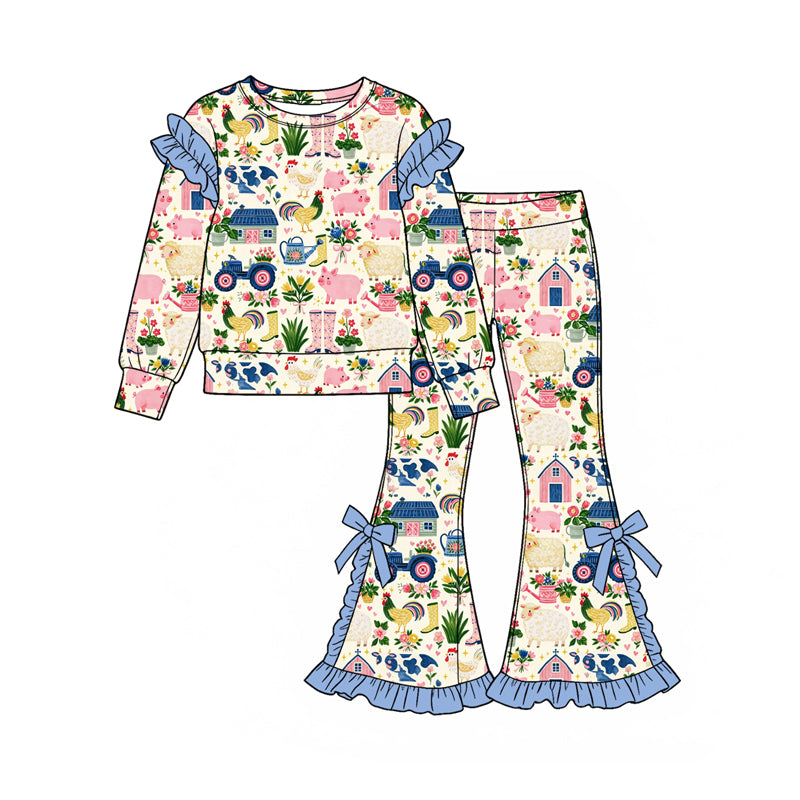 Preorder (moq 5) Girls’ Fall Animal & Toy Car Bow Ruffle Long-Sleeve Round-Neck Top with Flare Pants Set