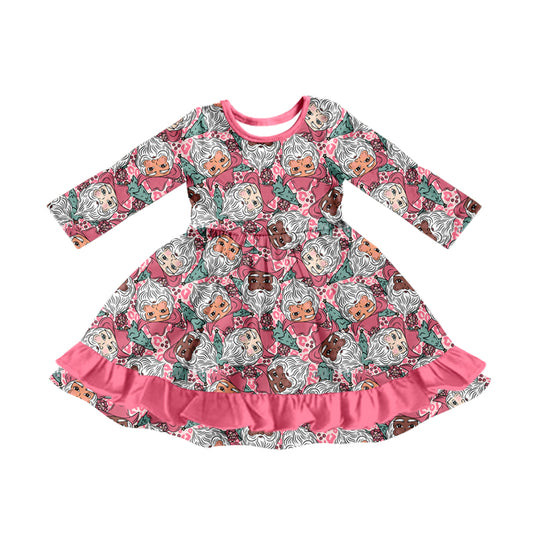 Preorder (moq 5)Baby Girls Long Sleeves Leopard Santa Plaid Pink Ruffle Knee Length Dresses