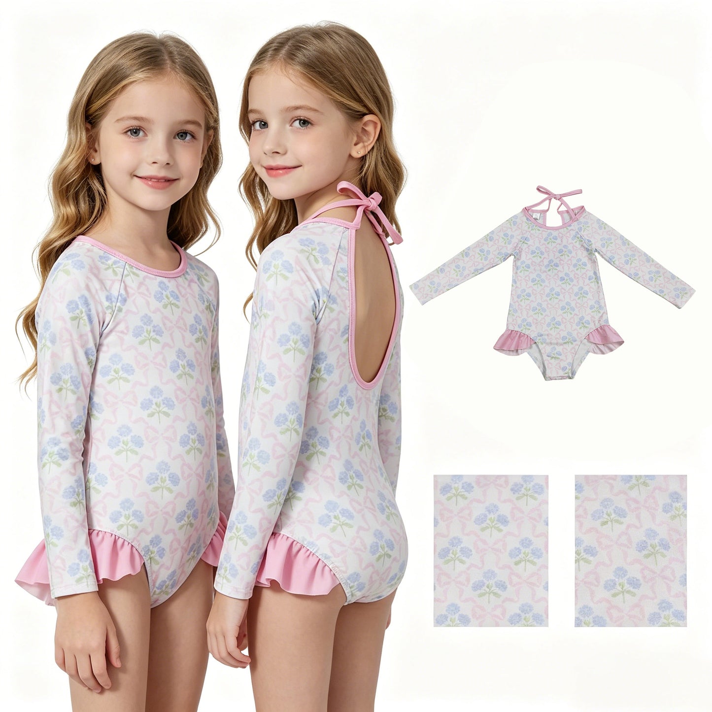 Baby Girls Flower Bows Checked Bummies One Piece Swimsuits