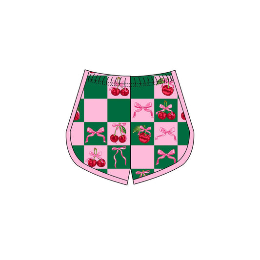Preorder(moq 8)Baby Girls Pink Green Checked Bows Cherry Shorts Bootoms