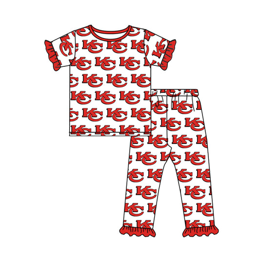 Baby Girls K C Team Ruffle Short Sleeve Shirt Red Pants Pajamas Clothing Sets Preorder(moq 5)