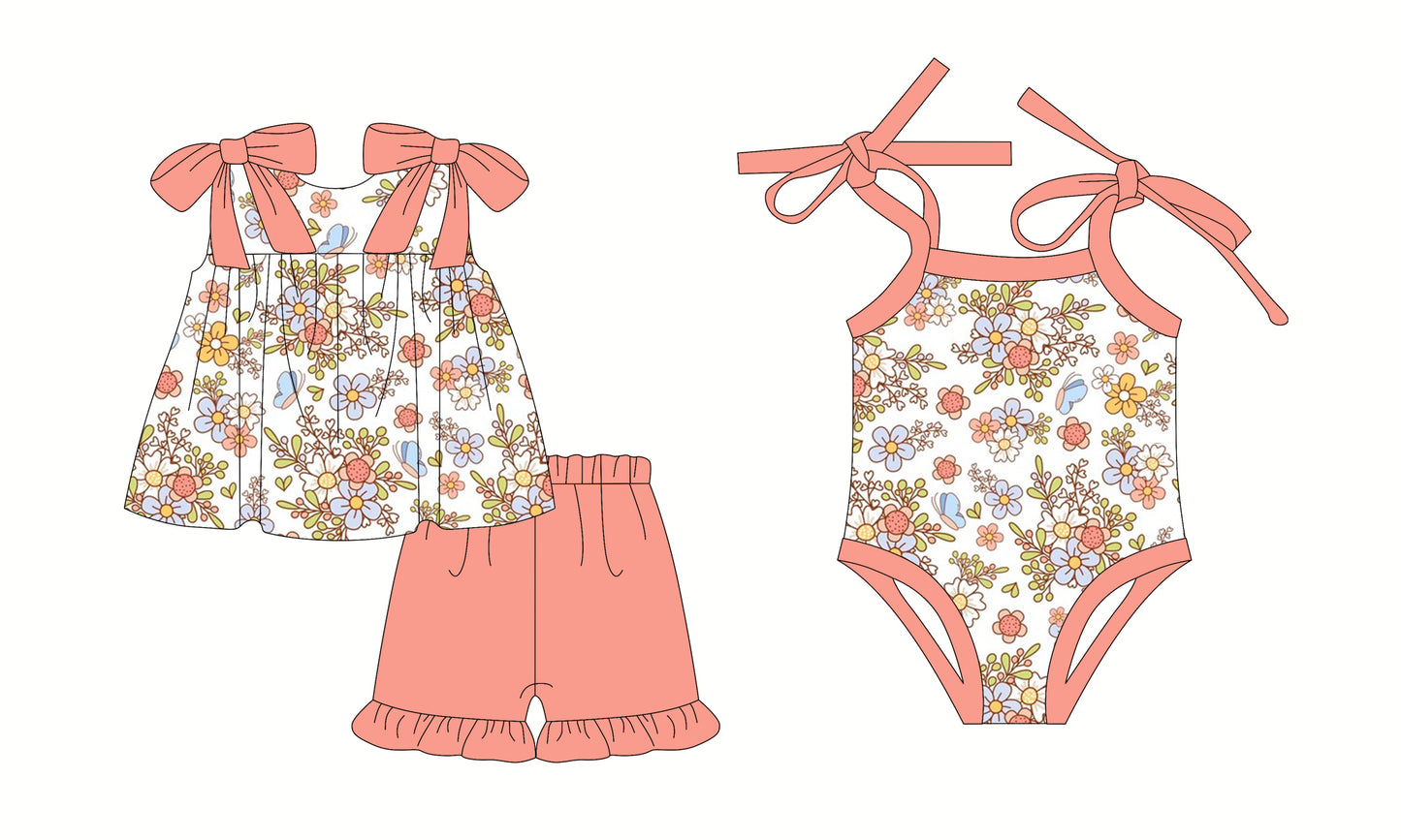 Preorder moq 5 Custom Baby Girls Peach Strap Butterfly Flowers Tunic Ruffle Short Set Bummies Rompers