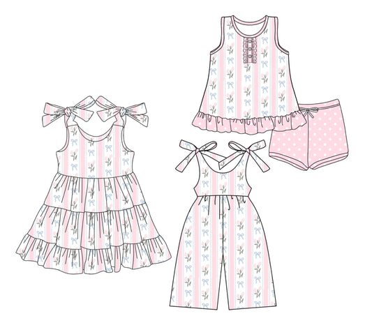 Preorder moq 5 Custom Baby Girls Peach Bows Floral Stripe Button Tunic Polka Dots Short Set Knee Length Dress Jumpsuits