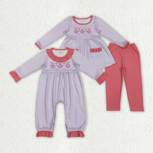 Sibling Baby Girls Embroidery Bows Hearts Stripe Leggings Valentines Clothes Sets Rompers