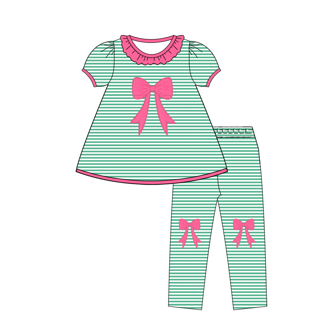 Preorder (moq 5)Baby Girls Green Stripe Bows Collar Tunic Legging Pants Clothes Sets