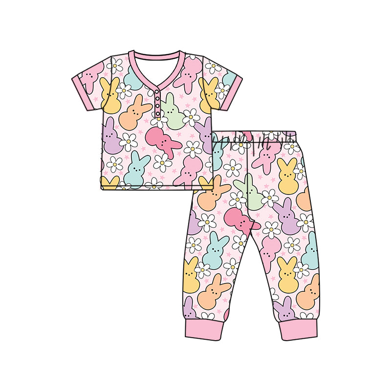 Preorder (moq 5)Baby Girls Easter Rabbits Flowers Shirt Top Pants Pajamas