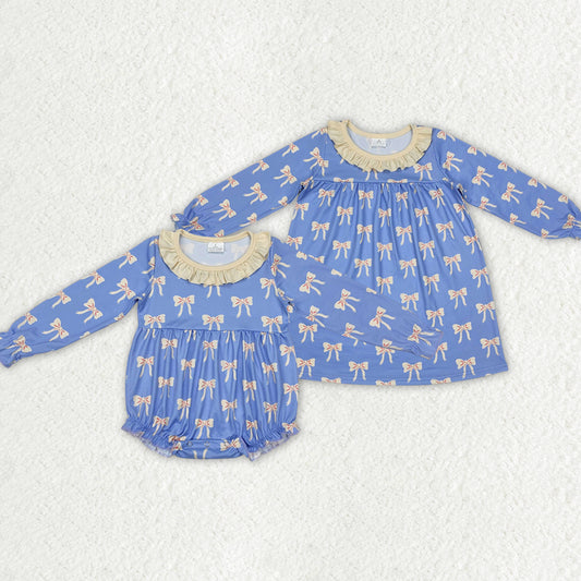 Sibling Baby Girls Blue Bows Rompers Dresses