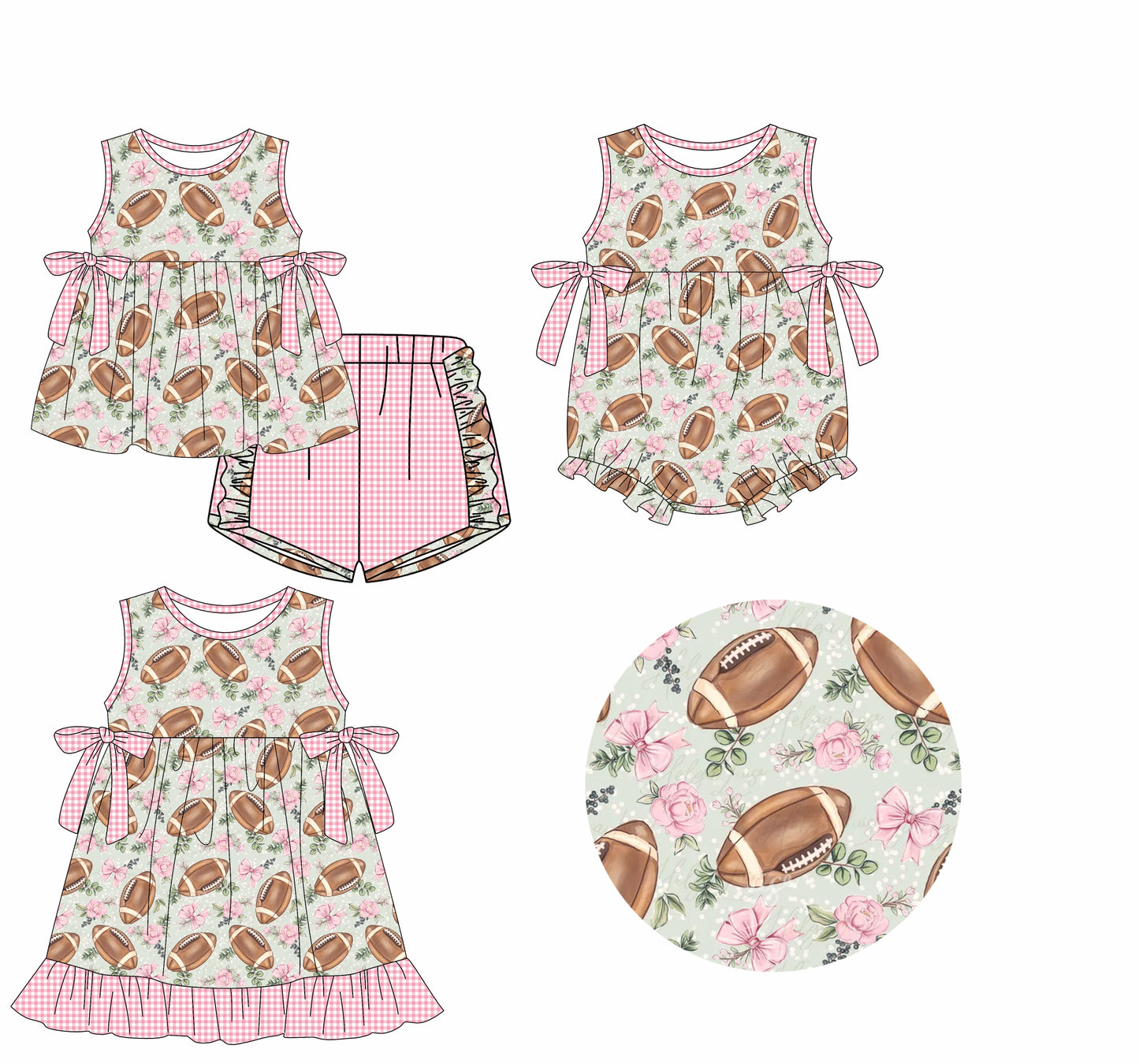 Preorder moq 5 Custom Baby Girls Pink Sleeveless Flowers Footballs Tunic Plaid Ruffle Short Set Knee Length Dress Rompers