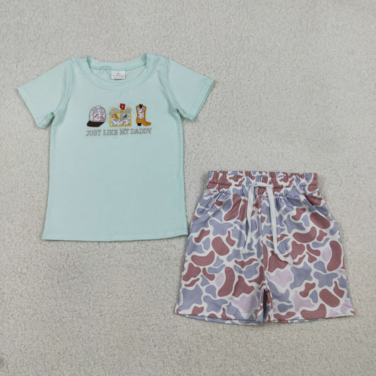Embroidery Just Like My Daddy Baby Boys Top Camo Pockets Shorts Clothes Sets