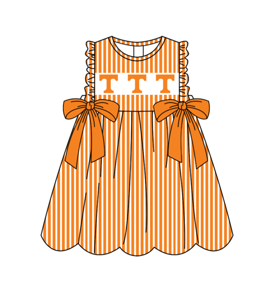 Preorder (moq 5)Baby Girls Sleeveless Orange Stripe T Bows Team Knee Length Dresses