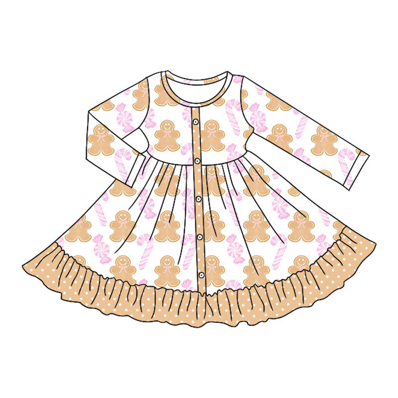 Preorder moq 5 Baby Girls Long Sleeves Gingerbread Candy Button Ruffle Knee Length Dresses