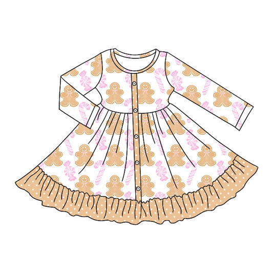 Preorder moq 5 Baby Girls Long Sleeves Gingerbread Candy Button Ruffle Knee Length Dresses