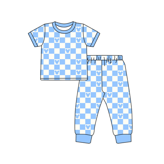 Baby Boys Cartoon Blue Checkered Mouse Short Sleeve Shirt Pants Pajamas Clothing Sets Preorder(moq 5)