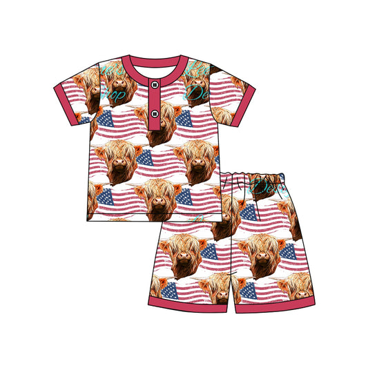 Baby Boys Short Sleeve 4th Of July Highland Cows Shirt Shorts Pajamas Outfits Sets preorder(moq 5)