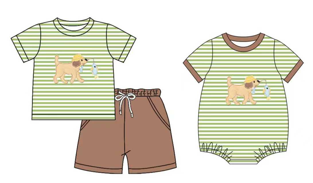 Preorder moq 5 (each item)Baby Boys Green Stripe Dogs Fishing Pockets Shorts Hunting Clothes Set Romper