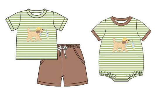 Preorder moq 5 (each item)Baby Boys Green Stripe Dogs Fishing Pockets Shorts Hunting Clothes Set Romper