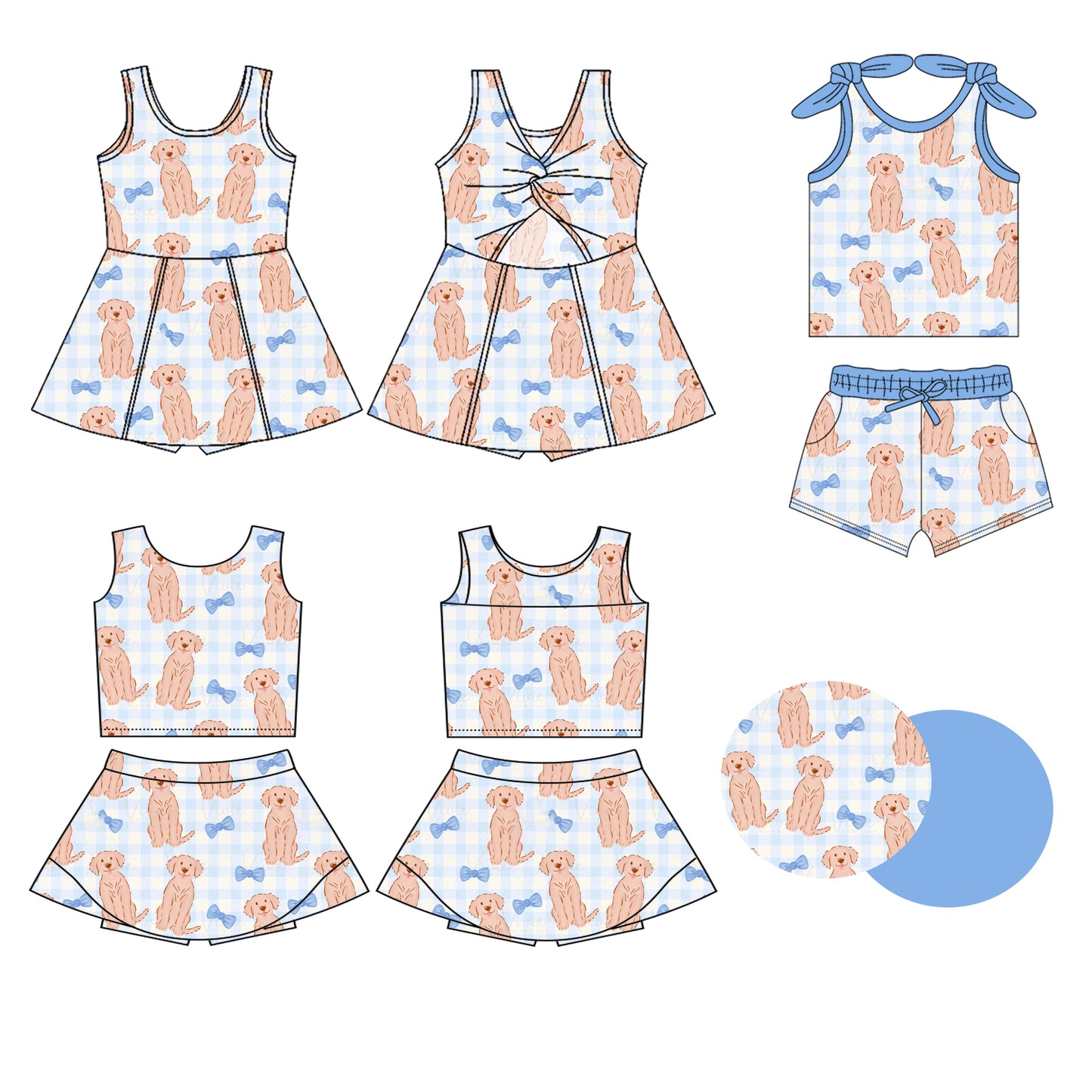 Preorder moq 5 Custom Baby Girls Blue Sleeveless Dog Bows Top Skort Set Knee Length Dress Pockets Short Set