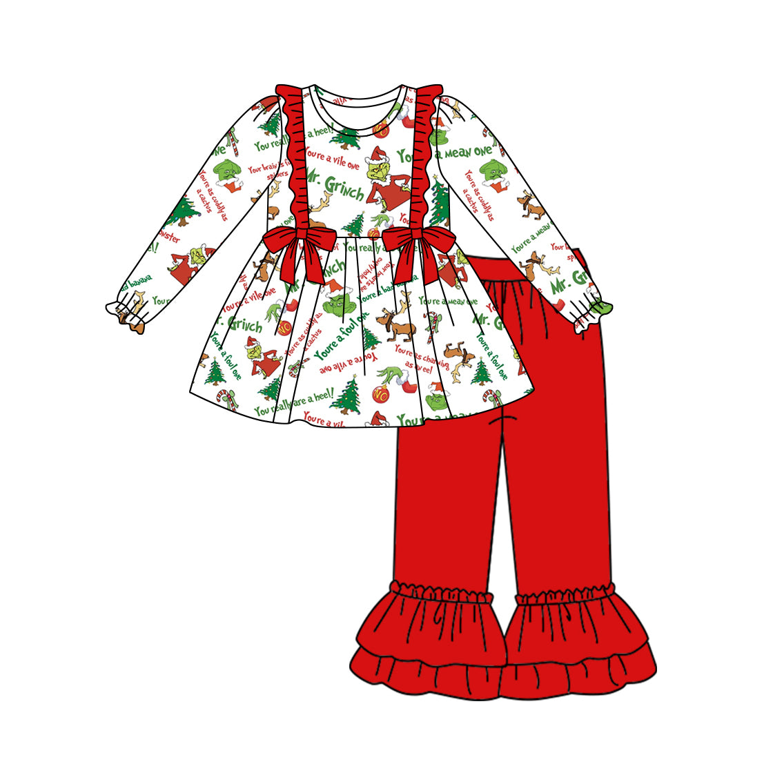 Baby Girls Christmas Deer Bows Tunic Top Ruffle Pants Clothes Sets Preorder(moq 5)