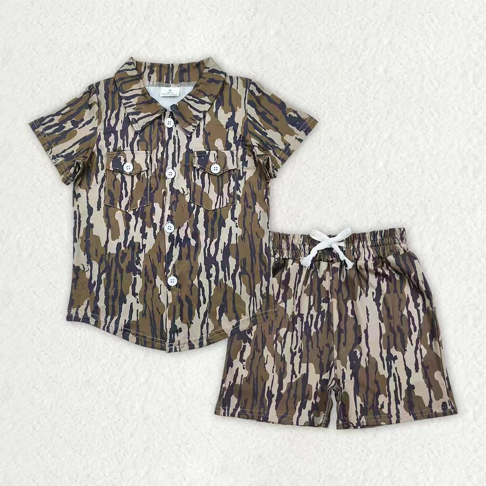 Baby Boys Southern Olive Camo Button Pockets Shirts Shorts Clothes Sets