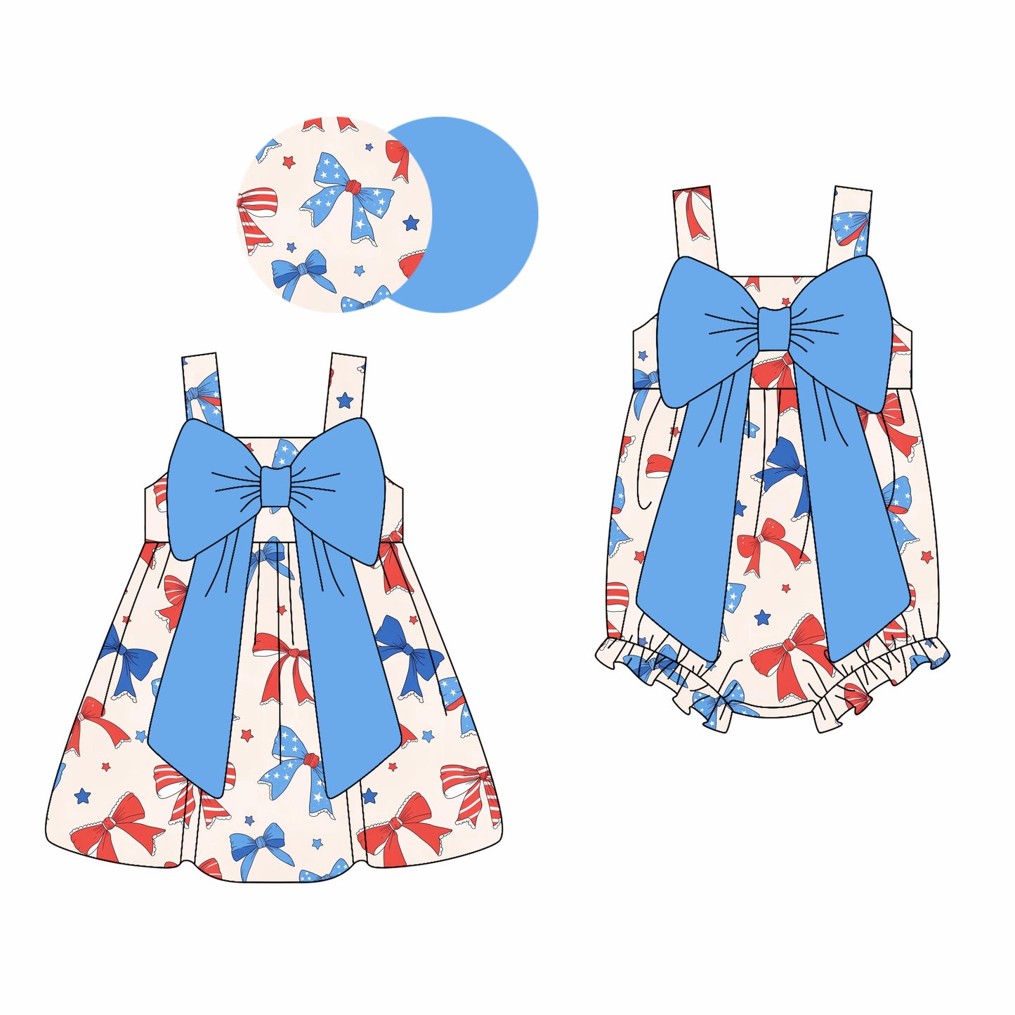 Preorder moq 5 Custom Baby Girls Strap Red Blue Bows 4th Of July Knee Length Dresses Rompers