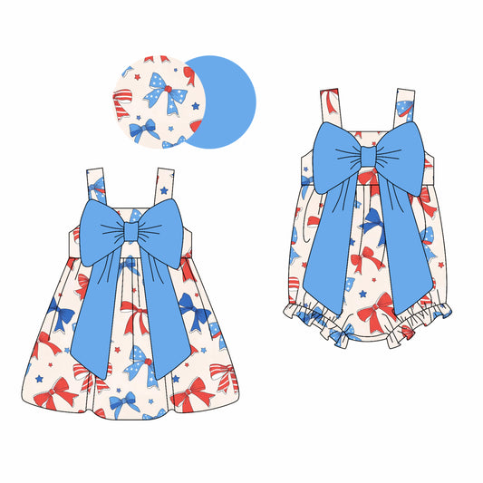 Preorder moq 5 Custom Baby Girls Strap Red Blue Bows 4th Of July Knee Length Dresses Rompers