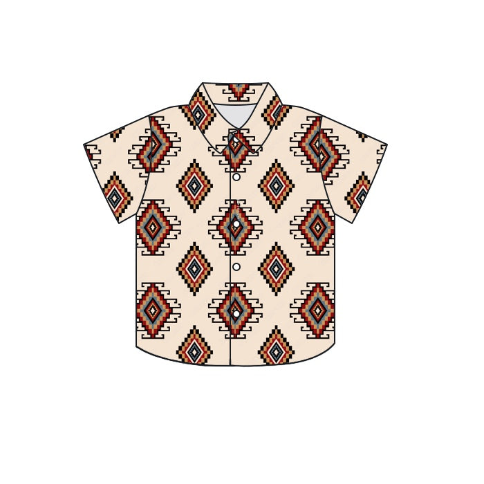 Baby Boys Western Aztec Khaki Buttons Short Sleeve Tee Shirts Tops preorder(moq 5)