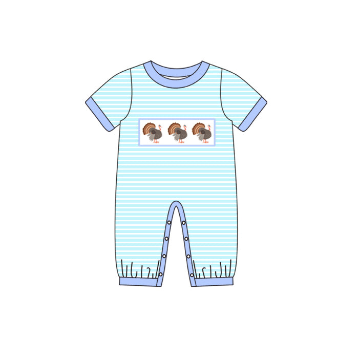 Baby Boys Blue Stripes Turkey Short Sleeve Thanksgiving Rompers Preorder(moq 5)