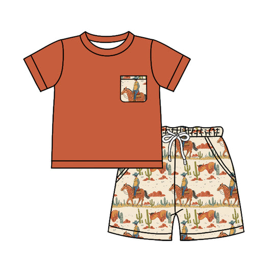 Preorder (moq 5)Baby Boys Brown Pocket Shirt Horse Rodeo Cactus Shorts Clothes Sets