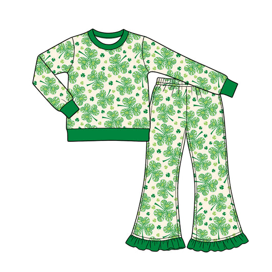 Preorder (moq 5) Baby Girl Clothes St Patrick Vintage Clover Leaf Allover Print Long Sleeve Top Ruffle Flare Pant Set