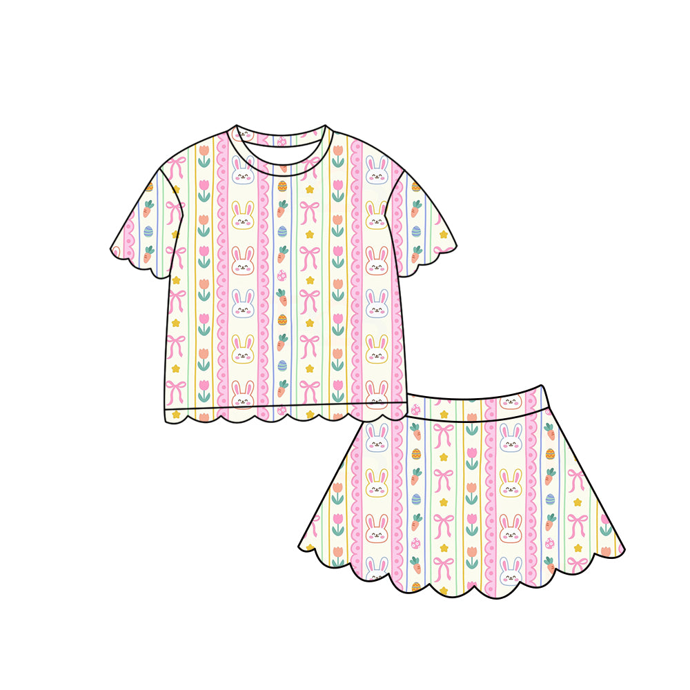 Preorder (moq 5)Baby Girls Rabbit Flower Carrots Stripe Top Scallop Shorts Easter Clothes Sets