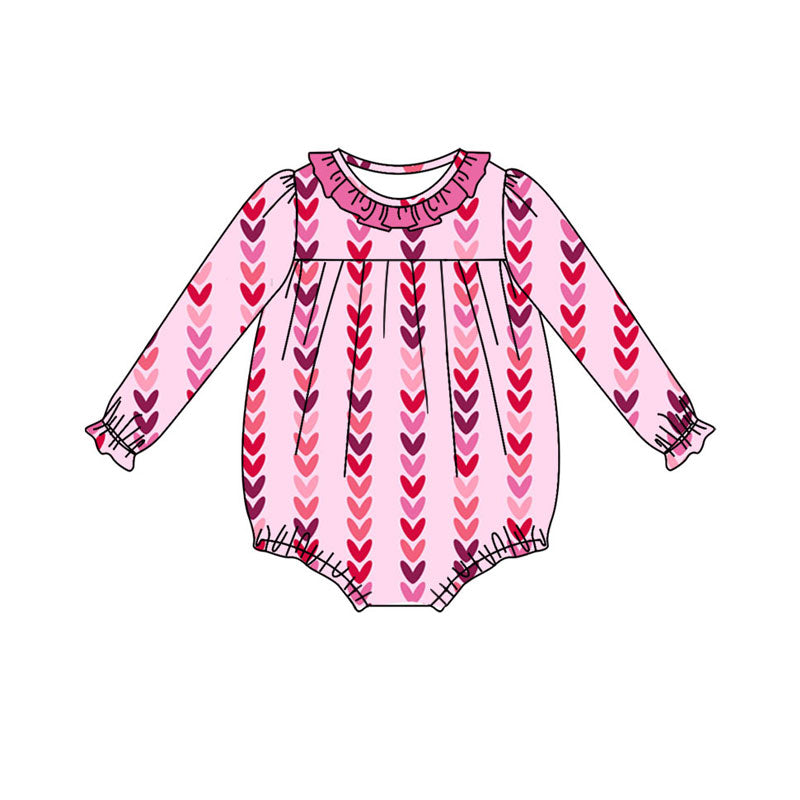Preorder (moq 5)Baby Girls Long Ruffle Sleeve Hearts Stripe Valentine Rompers