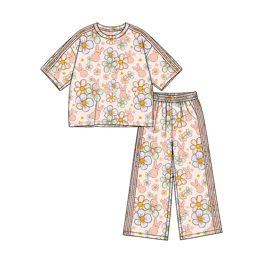 Preorder (moq 5)Baby Girls Flowers Rabbits Top Pockets Flare Pant Easter Clothes Set