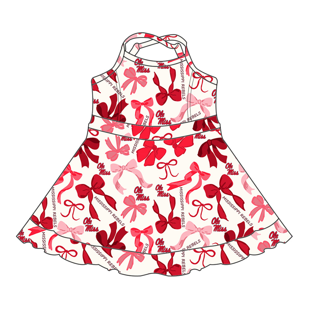 Preorder (moq 5)Baby Girls Red Strap Ole Miss Bows Plaid Short Ruffle Team Knee Length Dresses