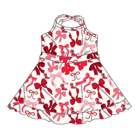 Preorder (moq 5)Baby Girls Red Strap Ole Miss Bows Plaid Short Ruffle Team Knee Length Dresses