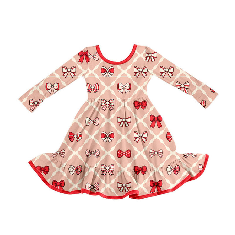 Preorder(moq 8)Baby Girls Long Sleeve Bows Checked Ruffle Knee Length Dresses