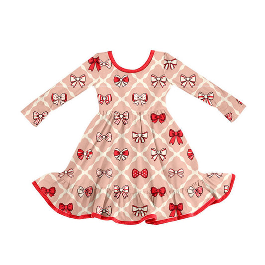 Preorder(moq 8)Baby Girls Long Sleeve Bows Checked Ruffle Knee Length Dresses