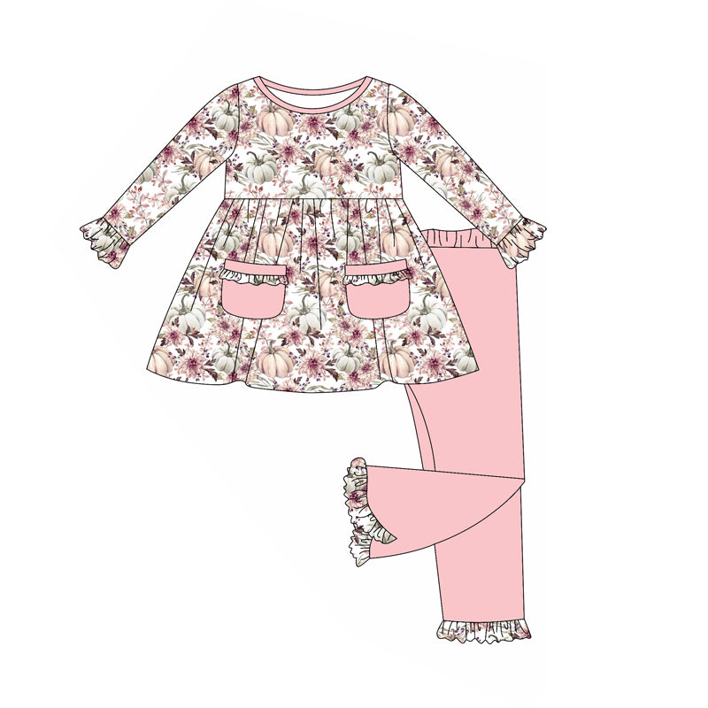 Preorder (moq 5)Baby Girls Long Sleeves Pink Pumpkins Floral Pockets Tunic Ruffle Pant Sets
