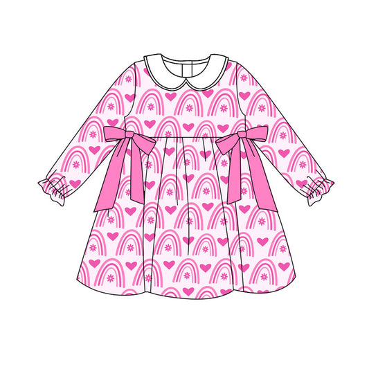 Preorder (moq 5)Baby Girls Pink Rainbows Hearts Bows Valentine Knee Length Dresses