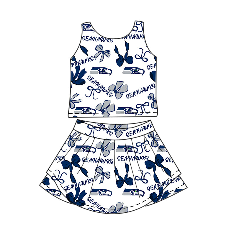 Preorder (moq 5)Baby Girls Blue Sleeveless Bows Plaid Seahawks Top Skorts Team Set