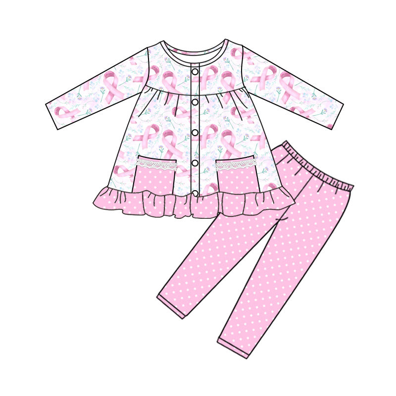 Preorder (moq 5)Baby Girls Flowers Bows Button Pockets Tunic Polka Dots Legging Clothes Set