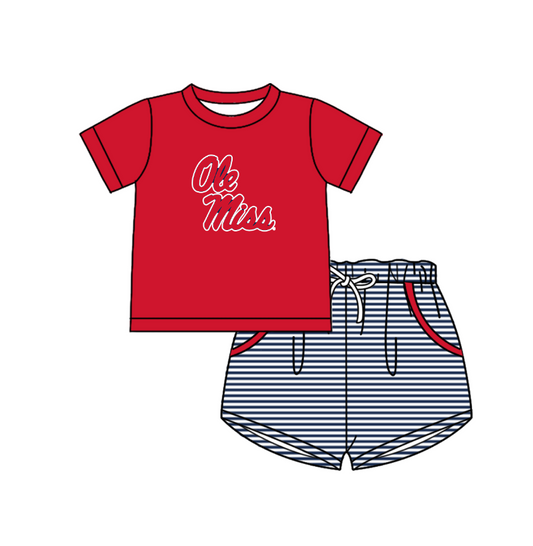 Preorder (moq 5)Baby Boys Ole Miss Top Pockets Stripe Short Team Clothes Set