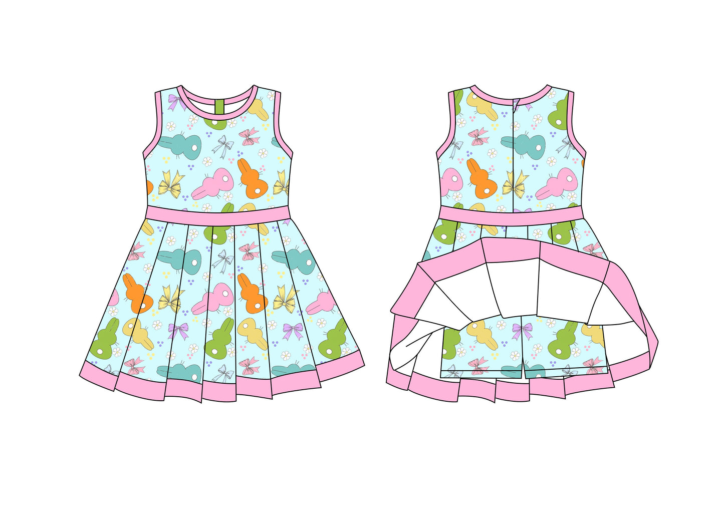 Preorder moq 8 Baby Girls Colorful Rabbits Bows Back Zip Shorts Easter Ruffle Knee Length Dress