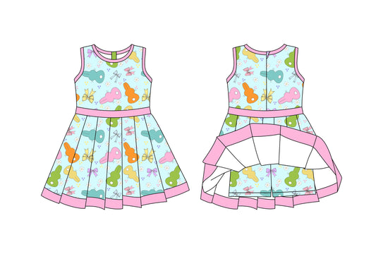 Preorder moq 8 Baby Girls Colorful Rabbits Bows Back Zip Shorts Easter Ruffle Knee Length Dress