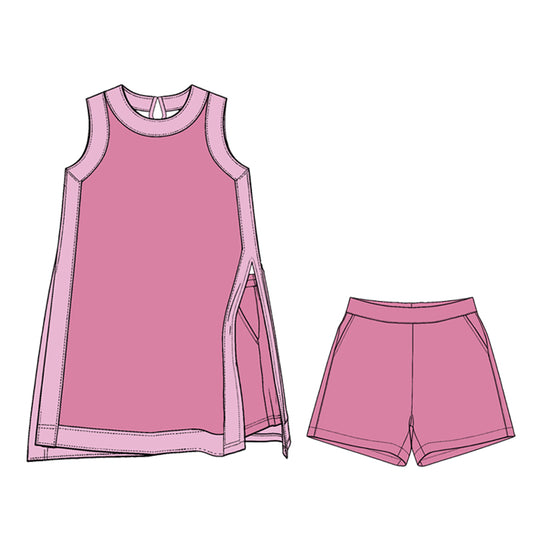 Preorder (moq 5)Adult Women Light Pink Split Skirt Pockets Short Clothes Sets