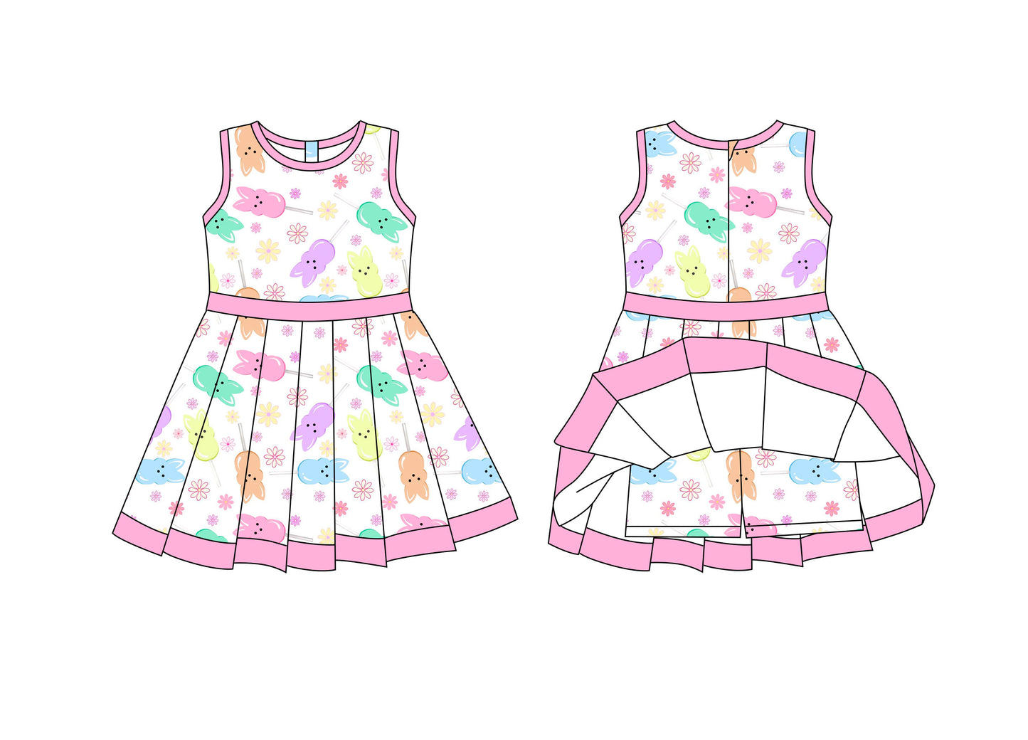 Preorder moq 8 Baby Girls Colorful Rabbits Flowers Back Zip Shorts Easter Ruffle Knee Length Dress