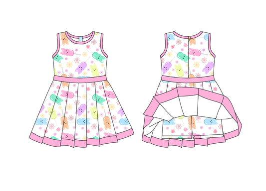 Preorder moq 8 Baby Girls Colorful Rabbits Flowers Back Zip Shorts Easter Ruffle Knee Length Dress