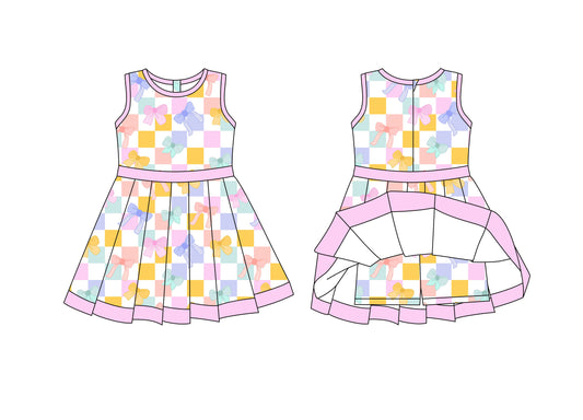 Preorder moq 8 Baby Girls Colorful Checked Bows Back Zip Shorts Valentine Ruffle Knee Length Dress
